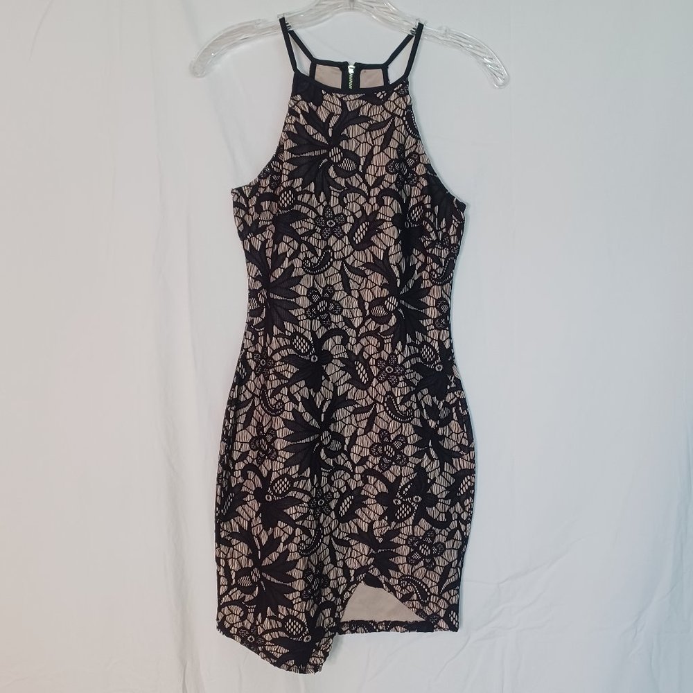 Papaya black lace sleeveless halter mini dress